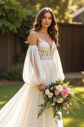Ivory Chiffon A Line Court Train Wedding Dress with Lace Appliques
